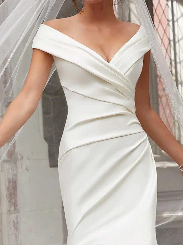 Long Mermaid Off the Shoulder Satin Wedding Dresses - Image 4