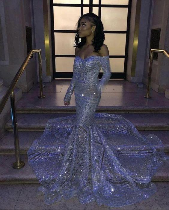 Long Mermaid Off the shoulder Sequins Prom Dresses with Sleeves - Image 2