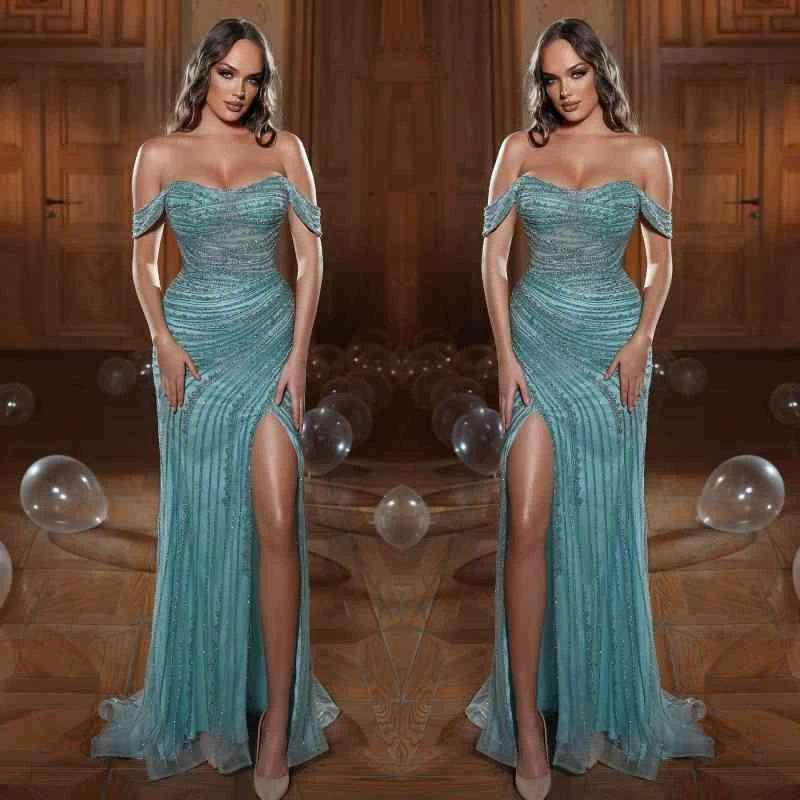 Long Mermaid Off the Shoulder Tulle Beads Sequins Prom Dresses with Slit - Image 2