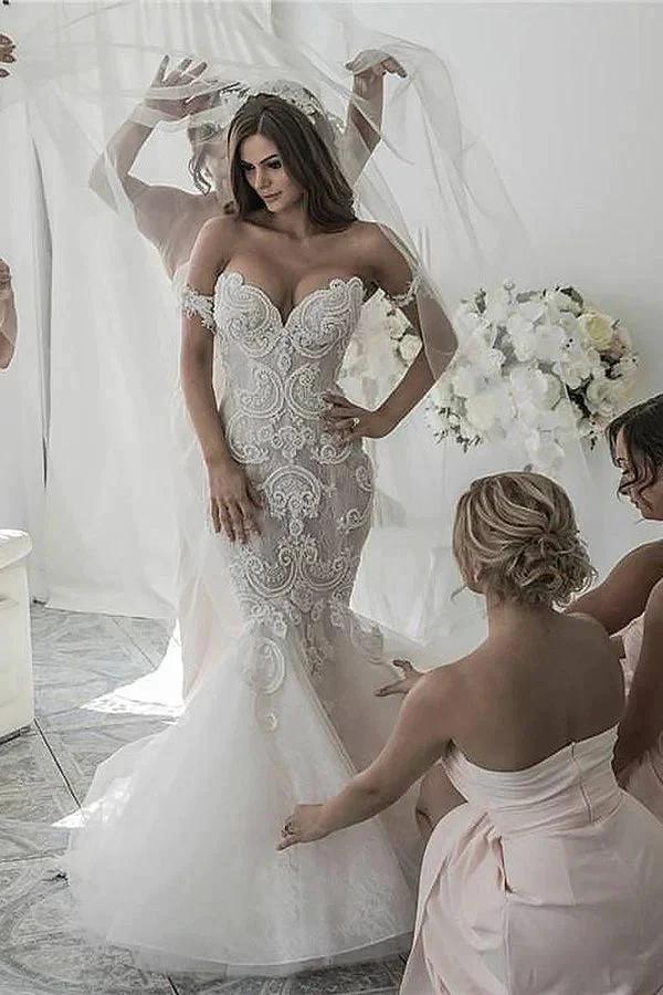 Long Mermaid Off-the-Shoulder Tulle Lace Wedding Dresses - Image 2