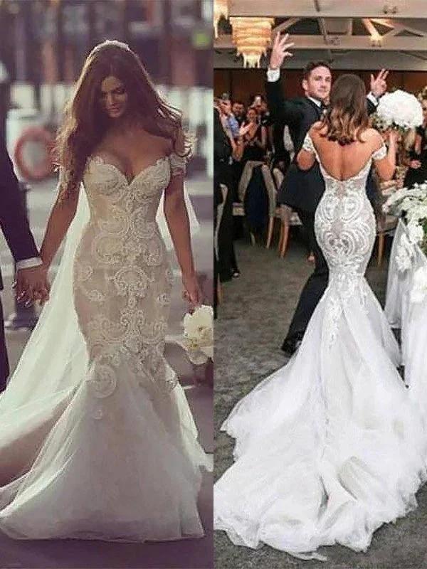 Long Mermaid Off-the-Shoulder Tulle Lace Wedding Dresses - Image 3