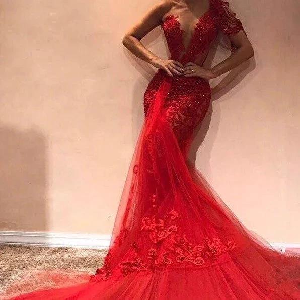 Long Mermaid One Shoulder Appliques Lace Tulle Red Prom Dress - Image 2