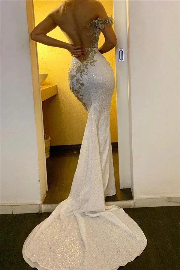 Long Mermaid One Shoulder Appliques Sequined Backless Formal Evening Dresses - Image 2