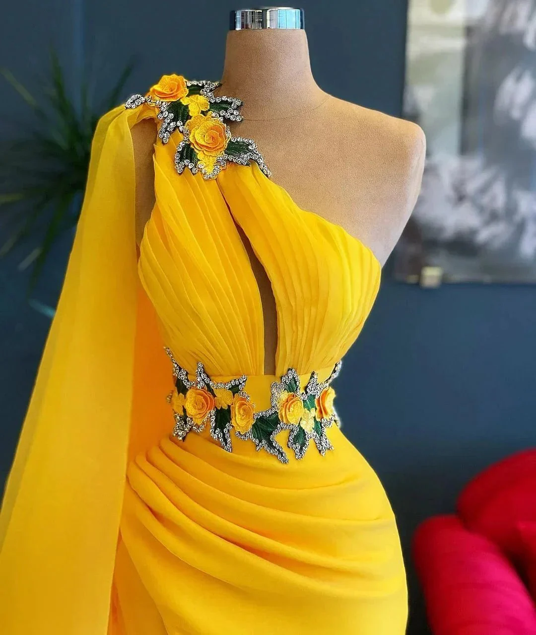 Long Mermaid One Shoulder Beading Tulle Prom Dress with Slit - Image 2