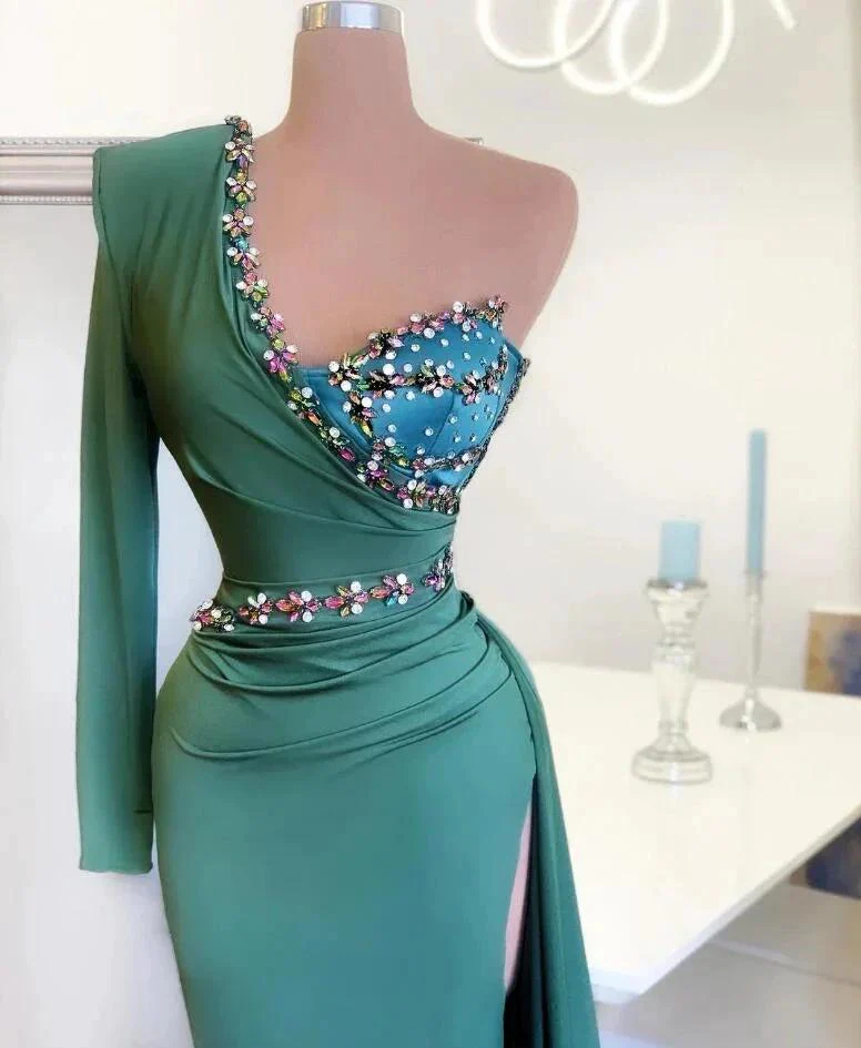 Long Mermaid One Shoulder Front Slit Prom Dress With Sleeves - Image 2