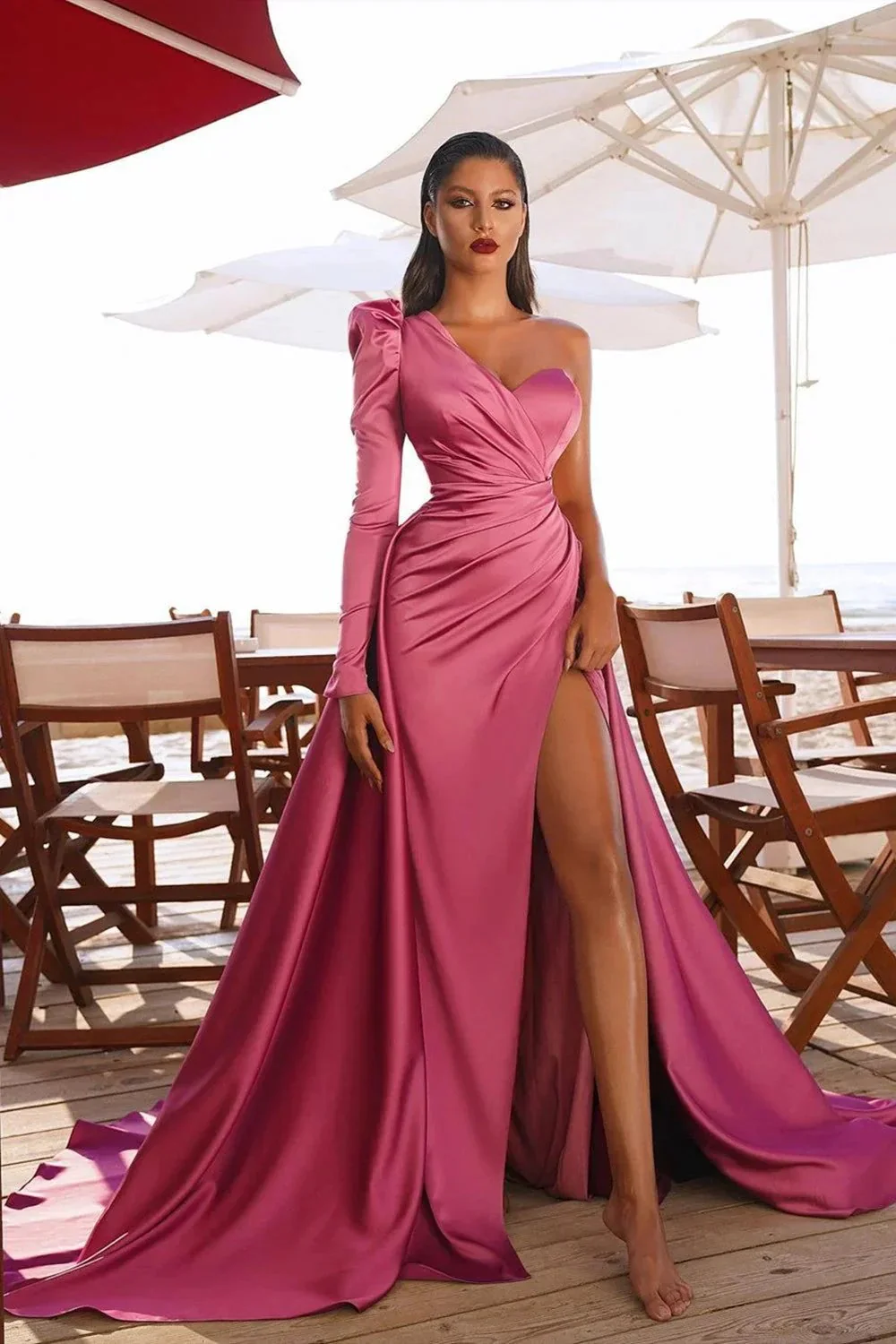 Long Mermaid One Shoulder Front Slit Prom Dresses with Sleeves - Image 2