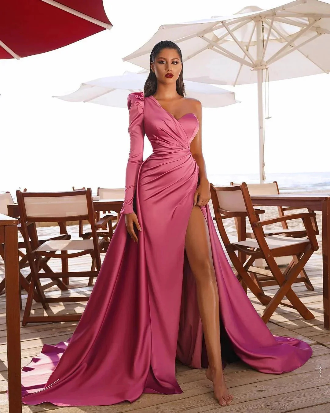 Long Mermaid One Shoulder Front Slit Prom Dresses with Sleeves - Image 4