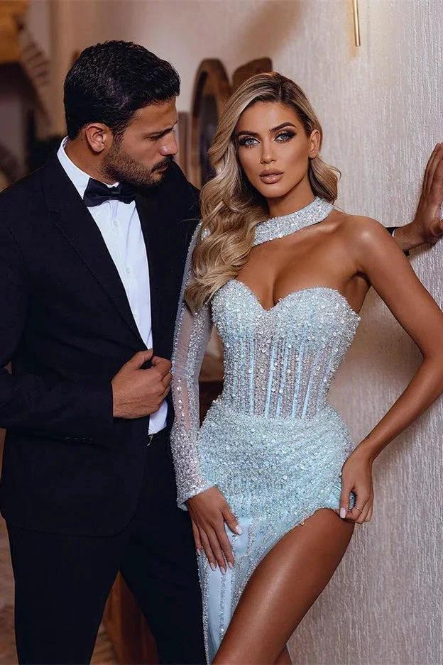 Long Mermaid One Shoulder Front Slit Sequined Prom Dress with Sleeves - Image 2