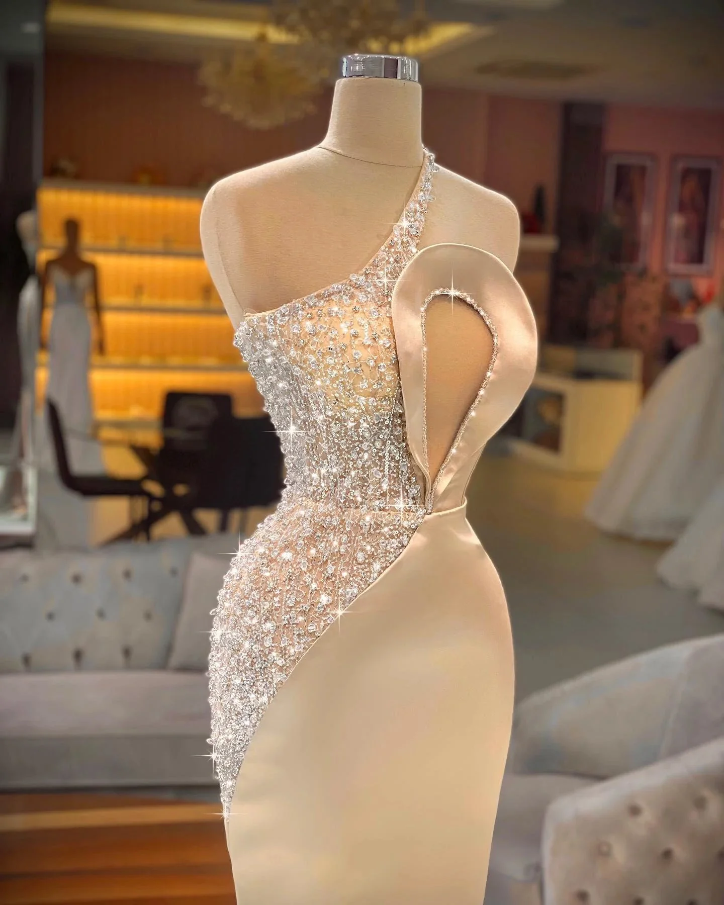 Long Mermaid One Shoulder Keyhole Crystal Prom Dress With Side Train - Image 2