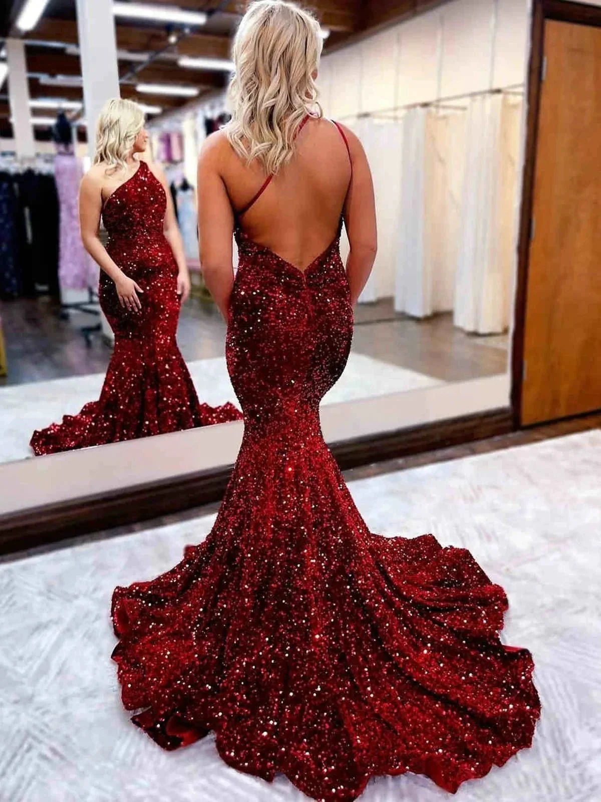 Long Mermaid One Shoulder Open Back Sequins Prom Dress Burgundy Formal Evening Gowns - Image 2