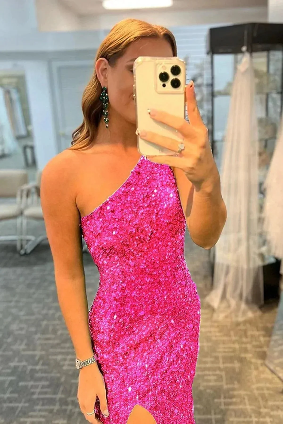 Long Mermaid One Shoulder Sequined Formal Prom Dress with Slit Fuchsia Evening Gowns - Image 3