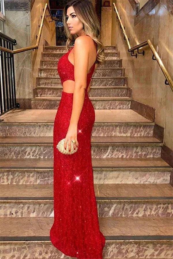 Long Mermaid One Shoulder Sequined Red Prom Dress with Slit - Image 2