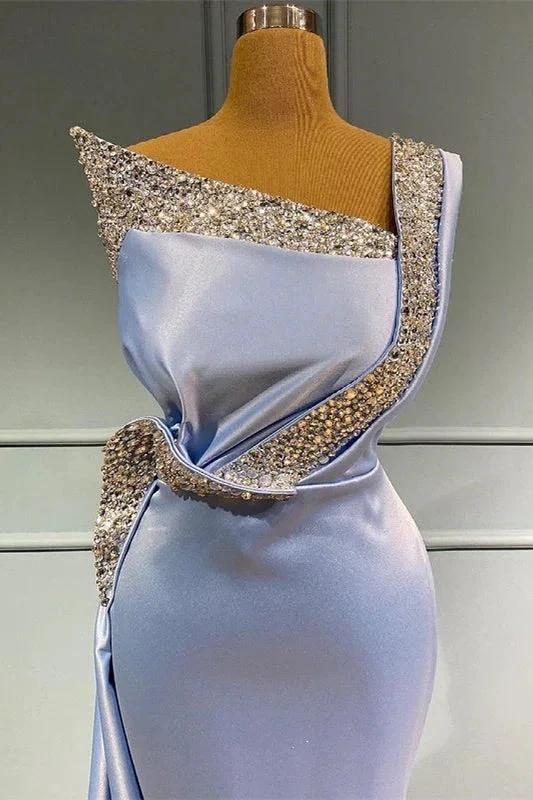Long Mermaid One Shoulder Sleeveless Satin Beads Prom Dress With Ruffles - Image 2