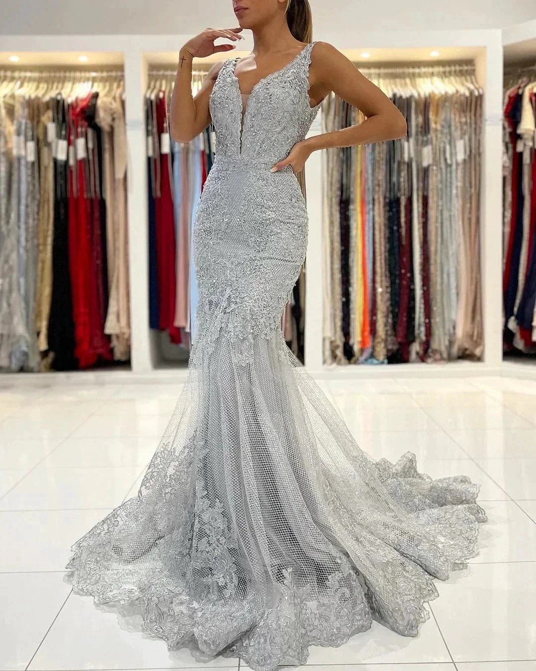Long Mermaid Open Back V-neck Tulle Lace Prom Dress - Image 6
