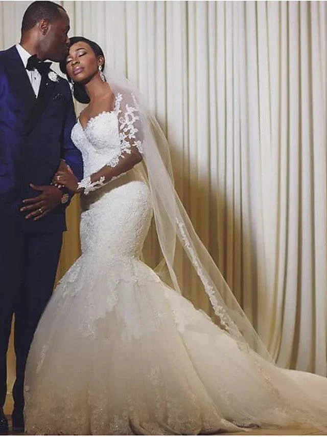 Long Mermaid Scoop Neck Court Train Organza Wedding Dresses with Sleeves - Image 2