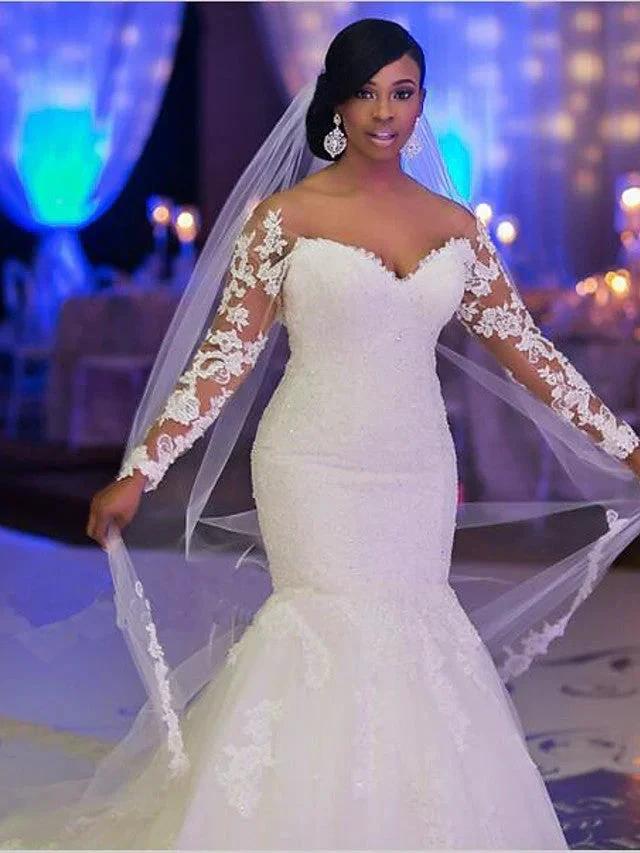 Long Mermaid Scoop Neck Court Train Organza Wedding Dresses with Sleeves - Image 4