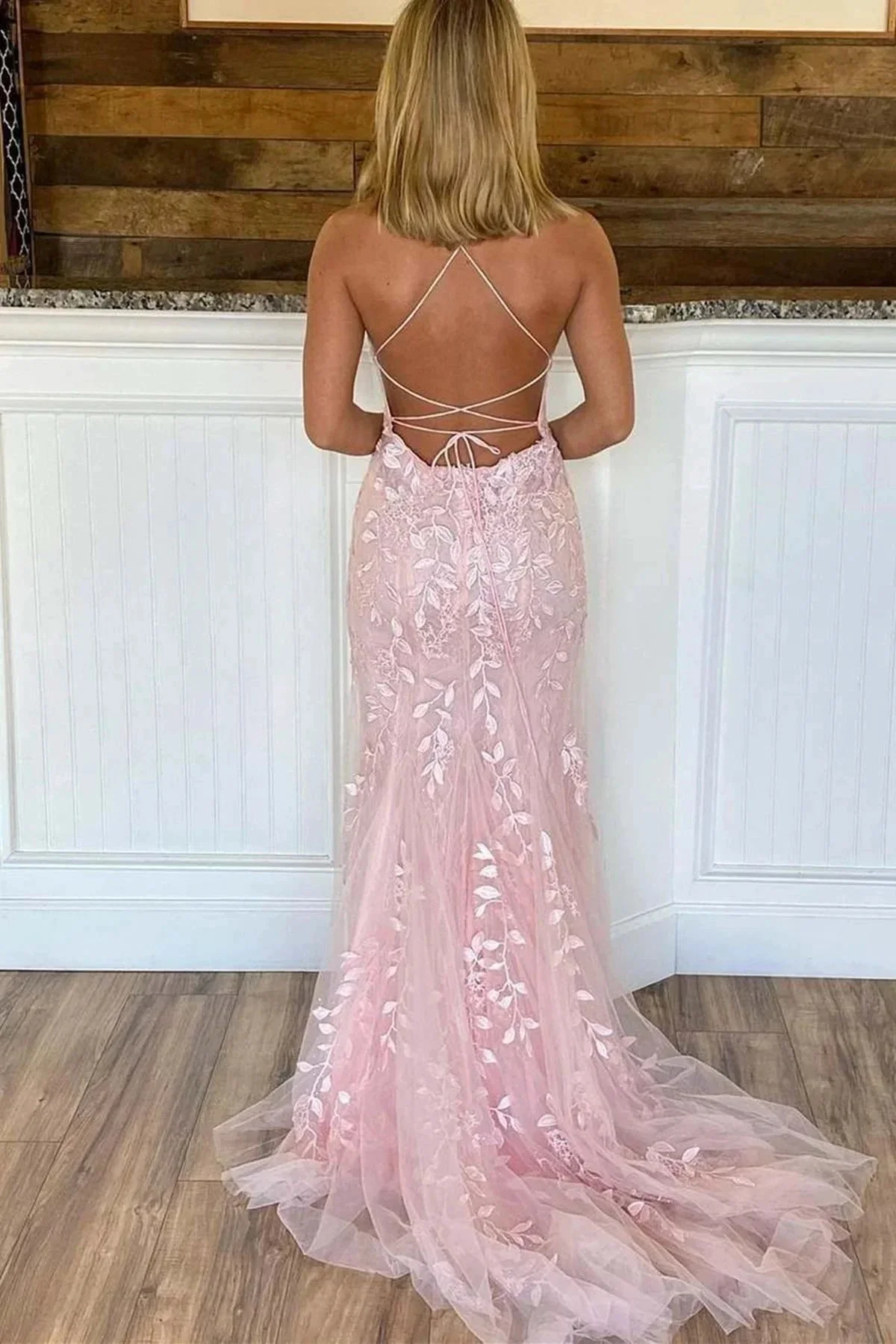 Long Mermaid Scoop Neck Lace Open Back Prom Dress Pink Formal Evening Dresses - Image 2