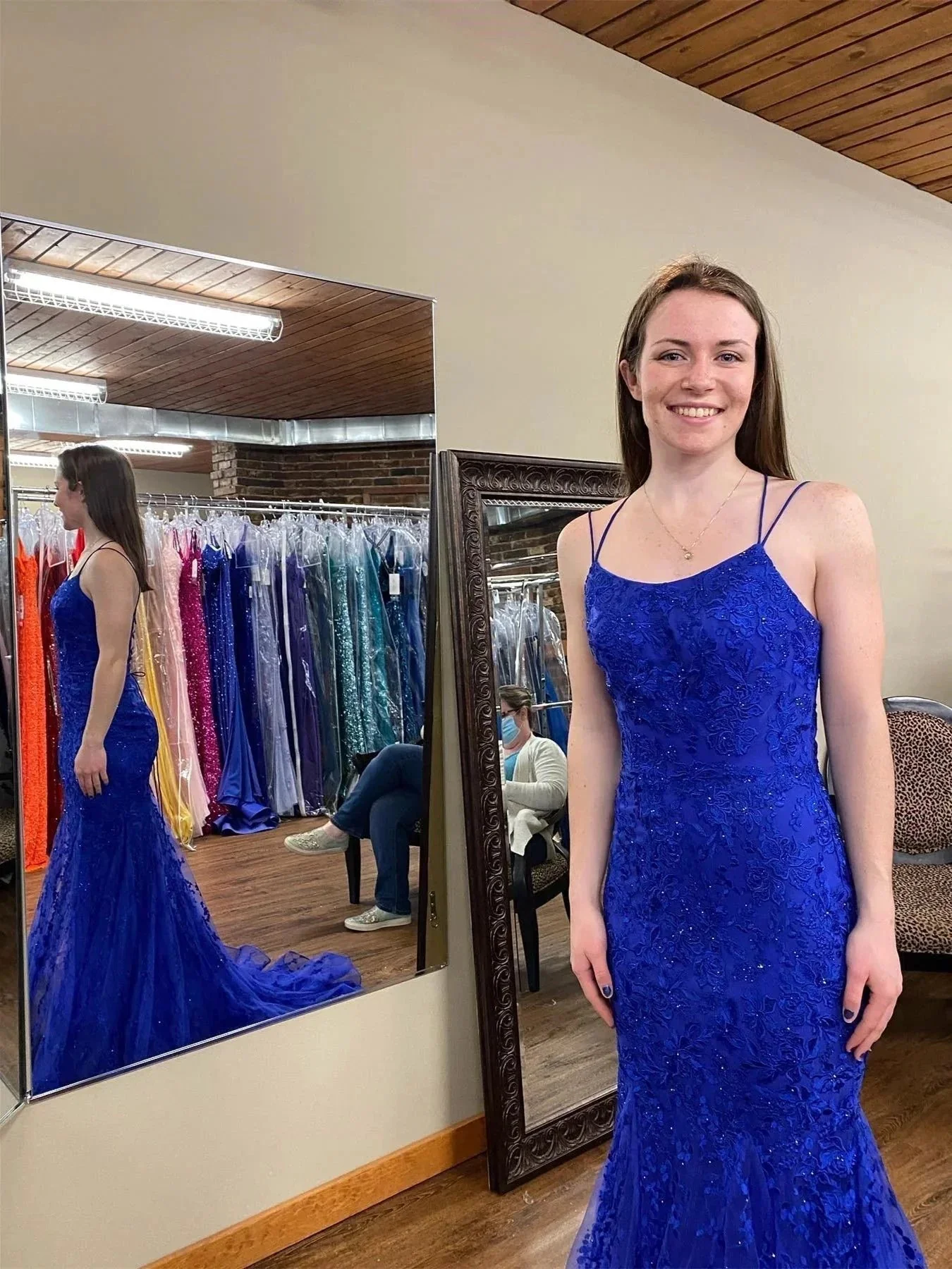 Long Mermaid Scoop Neck Lace Open Back Prom Dress Royal Blue Formal Evening Gowns - Image 2