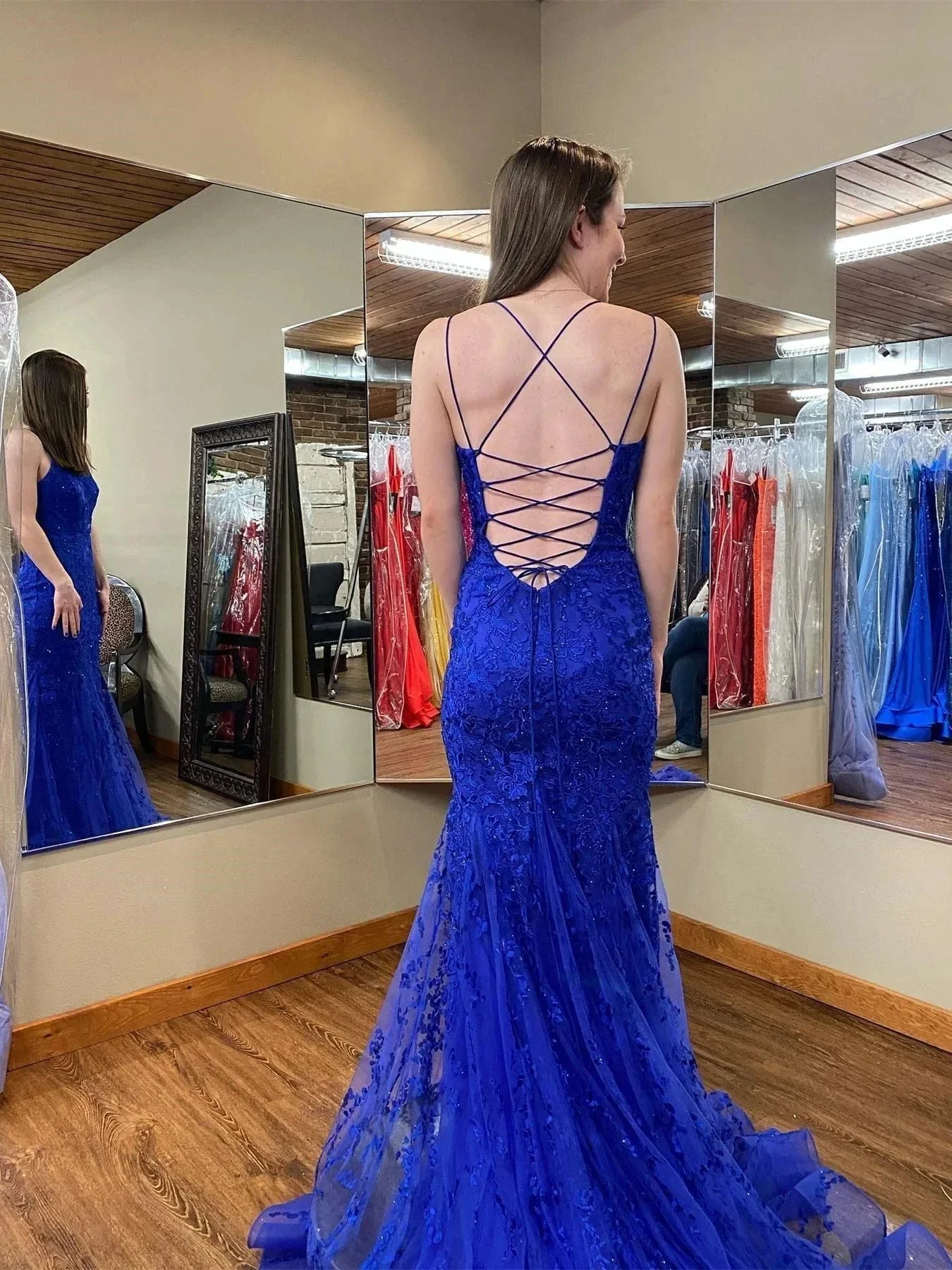 Long Mermaid Scoop Neck Lace Open Back Prom Dress Royal Blue Formal Evening Gowns - Image 3