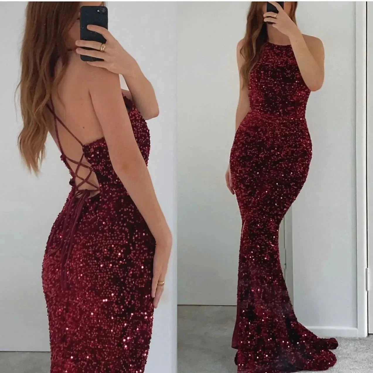 Long Mermaid Sleeveless Sequins Backless Formal Prom Dresses - Image 2