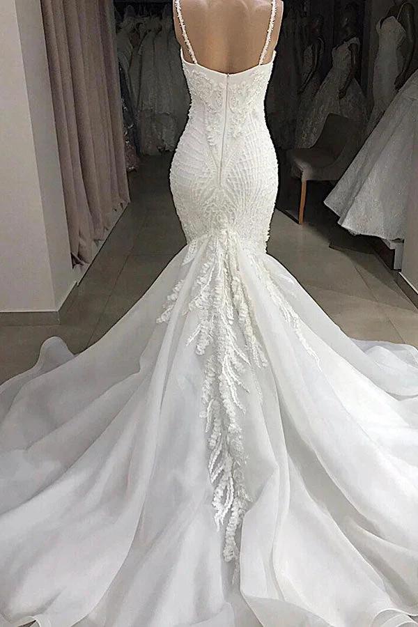 Long Mermaid Spaghetti Strap Appliques Lace Wedding Dress - Image 2