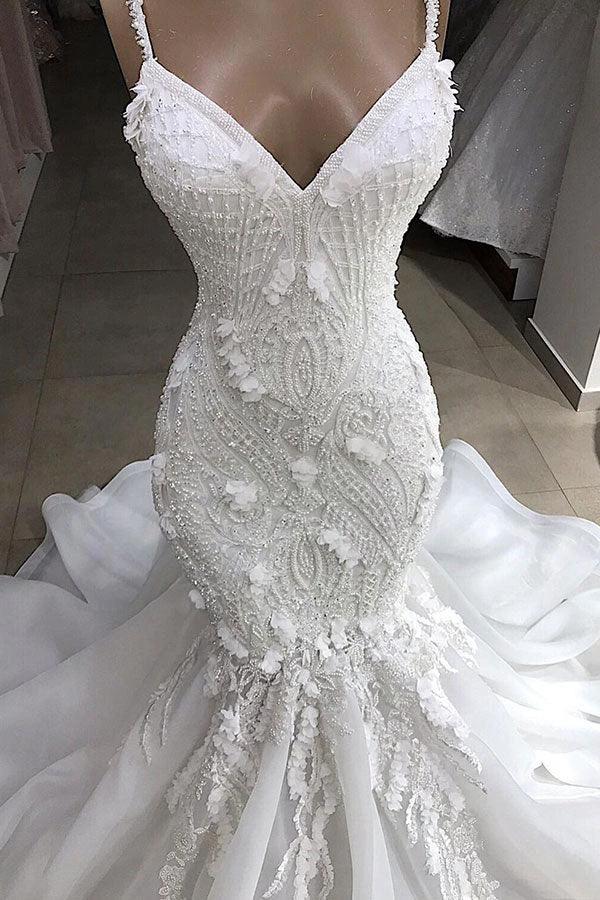 Long Mermaid Spaghetti Strap Appliques Lace Wedding Dress - Image 3