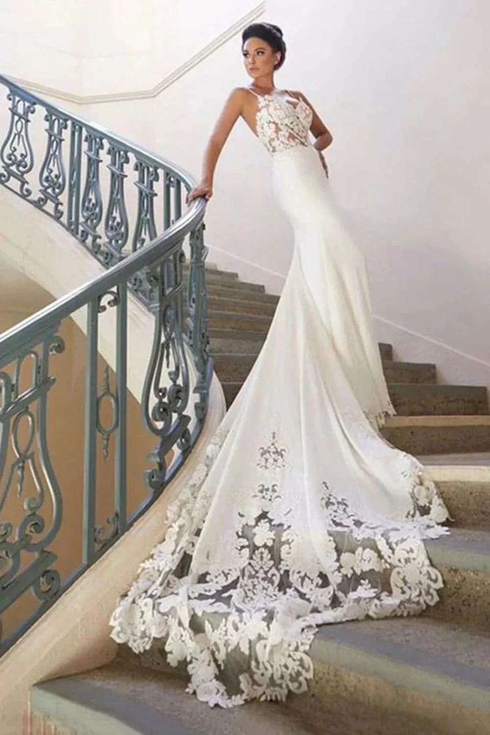 Long Mermaid Spaghetti Strap Lace Backless Wedding Dress - Image 2