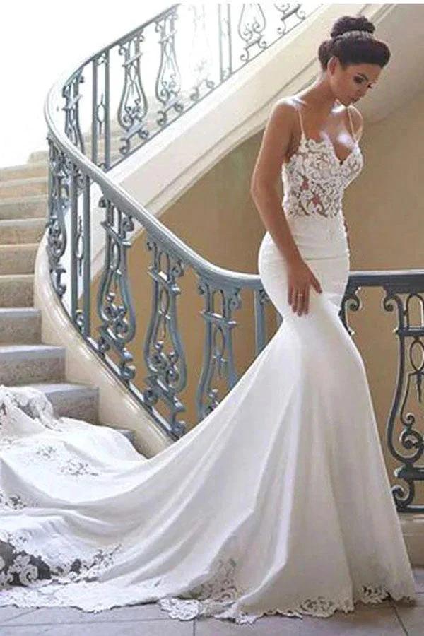 Long Mermaid Spaghetti Strap Lace Backless Wedding Dress - Image 3