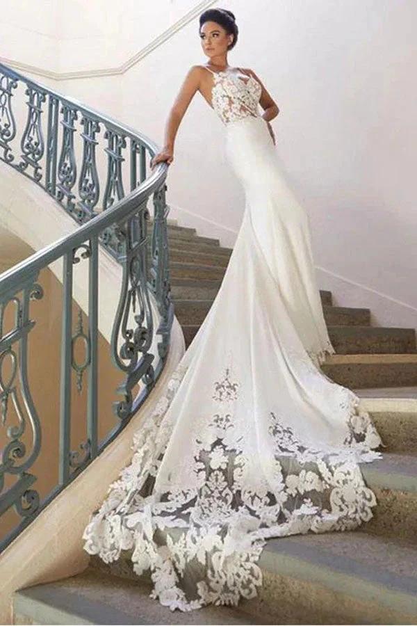 Long Mermaid Spaghetti Strap Lace Backless Wedding Dress - Image 4