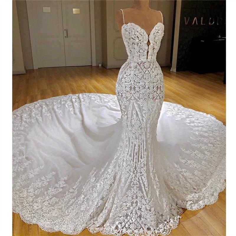 Long Mermaid Spaghetti Straps Appliques Lace Wedding Dress With Cathedral Train - Image 2