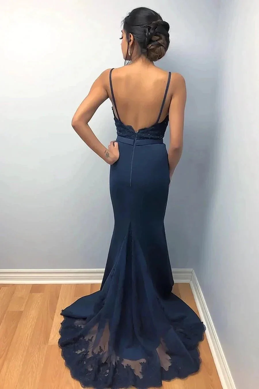 Long Mermaid Spaghetti Straps Backless Lace Beaded Prom Formal Evening Dresses - Image 2