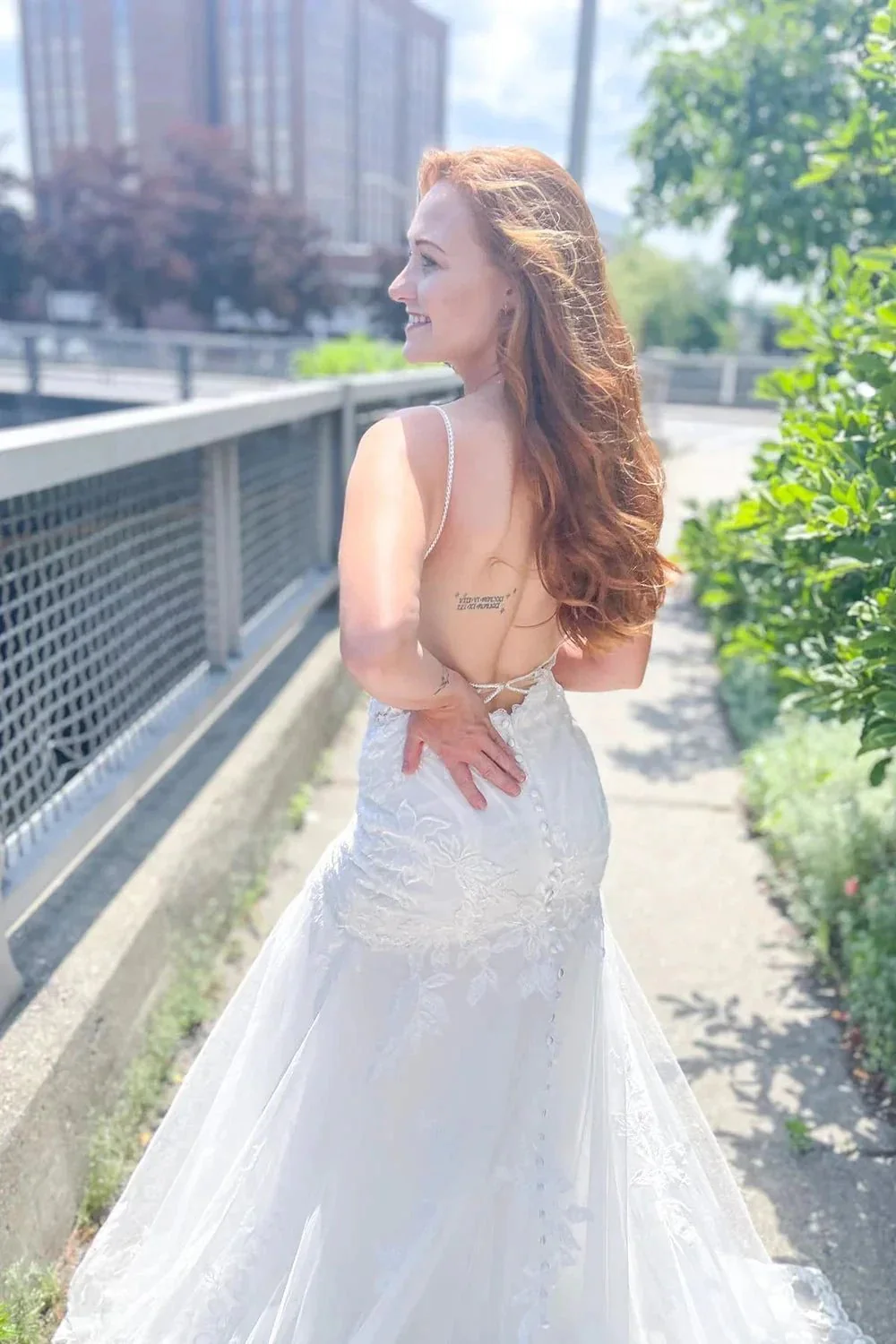 Long Mermaid Spaghetti Straps Sweetheart Appliques Lace Open Back Wedding Dress - Image 2