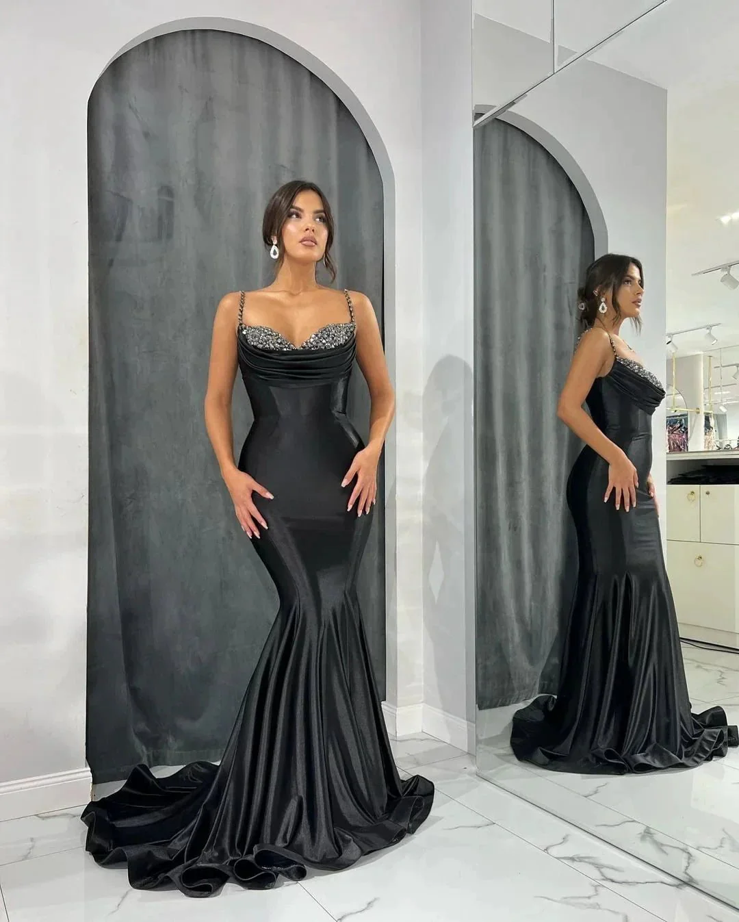 Long Mermaid Spaghetti Straps Sweetheart Satin Evening Prom Dress - Image 4