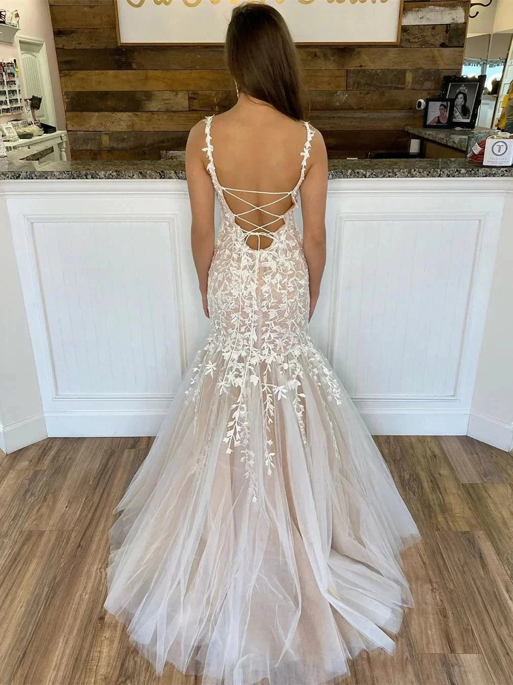 Long Mermaid Spaghetti Straps Tulle Lace Backless Formal Prom Dresses - Image 2
