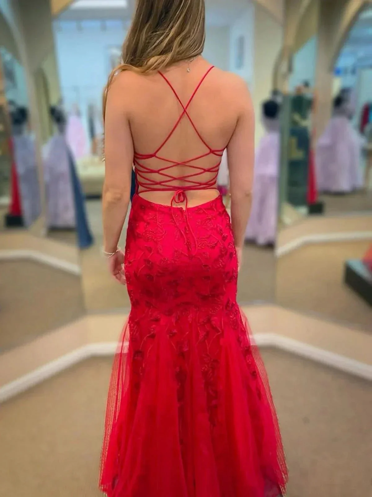 Long Mermaid Spaghetti Straps Tulle Lace Open Back Prom Dress Red Formal Evening Gowns - Image 2