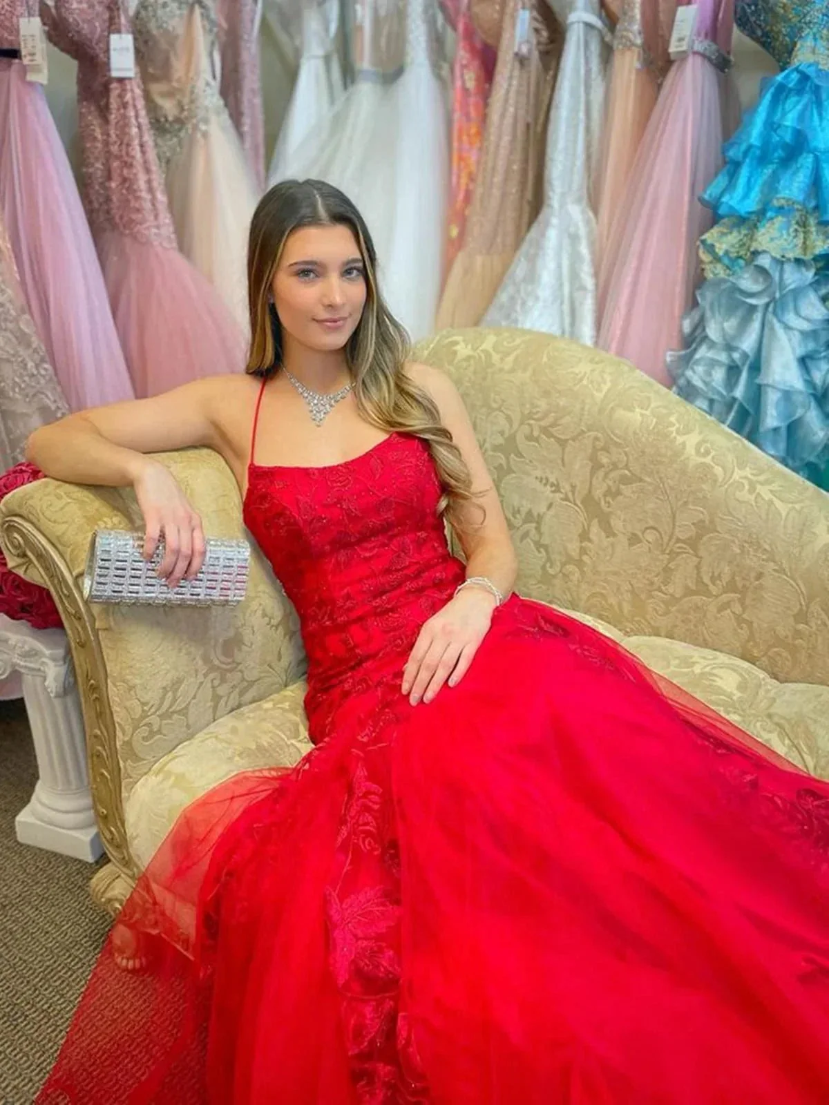 Long Mermaid Spaghetti Straps Tulle Lace Open Back Prom Dress Red Formal Evening Gowns - Image 3