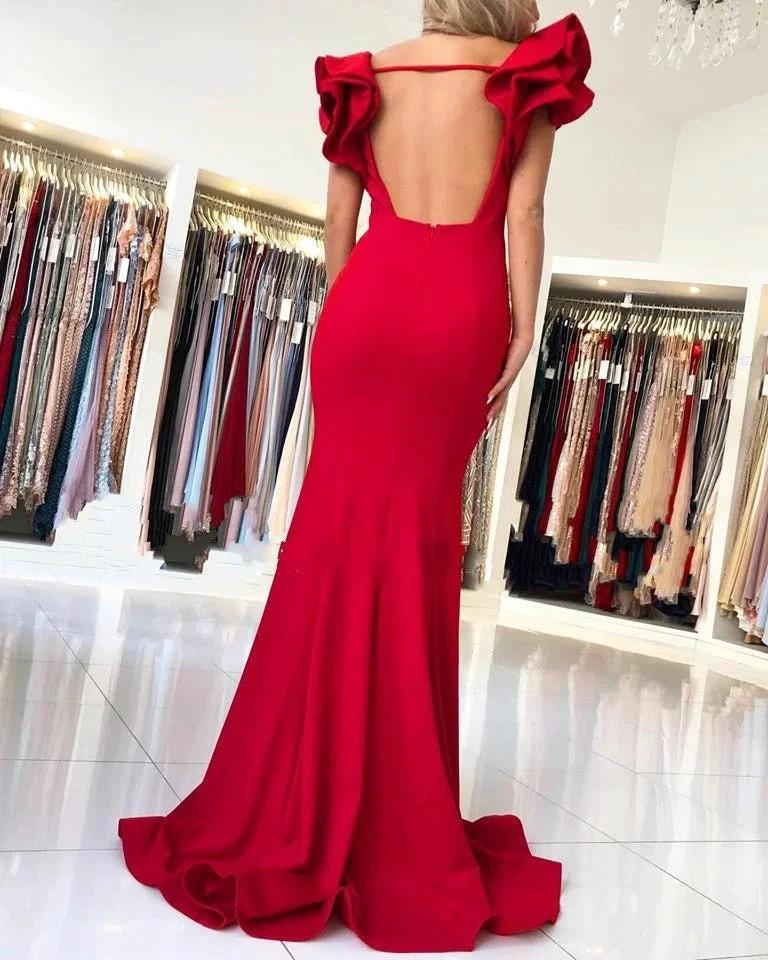 Long Mermaid Square Neckline Satin Open Back Red Prom Dresses - Image 2