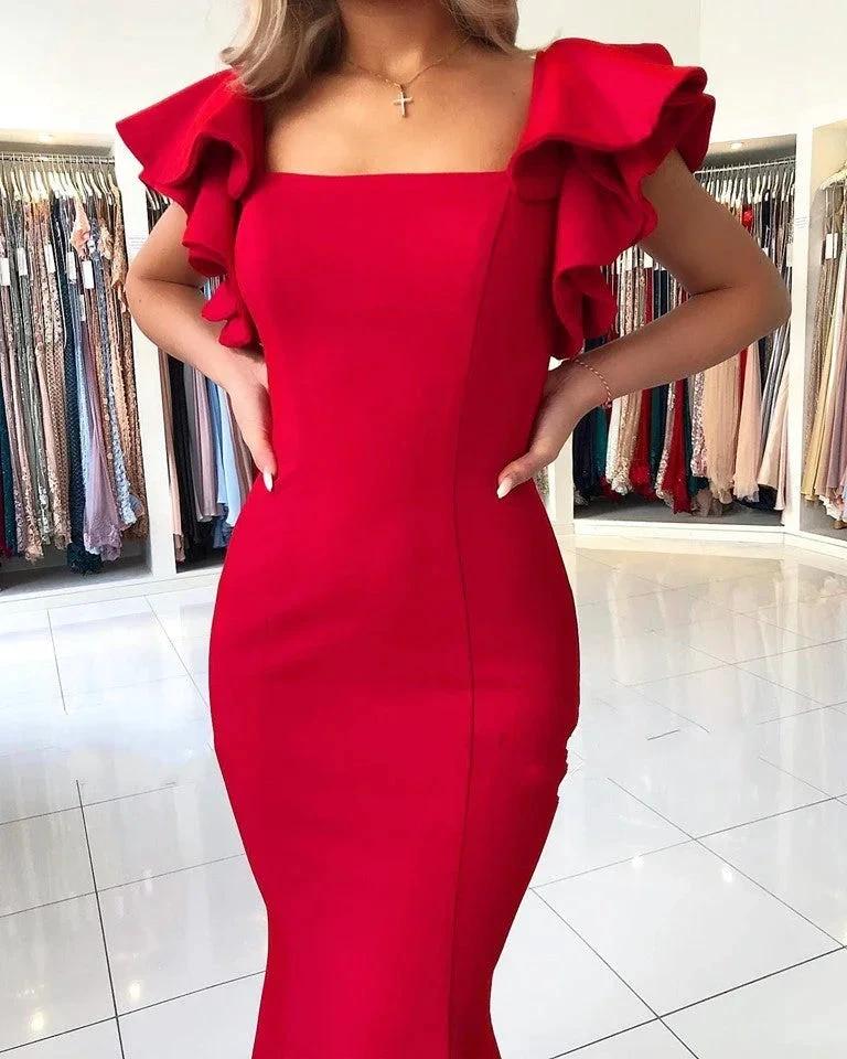 Long Mermaid Square Neckline Satin Open Back Red Prom Dresses - Image 3