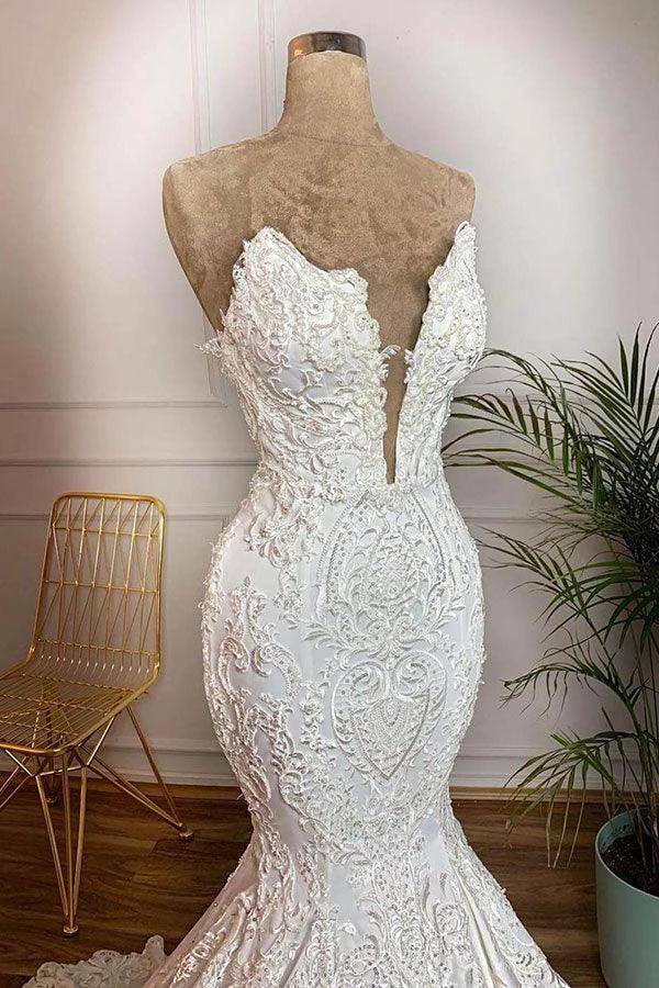 Long Mermaid Strapless Appliques Lace Satin Wedding Dress - Image 2