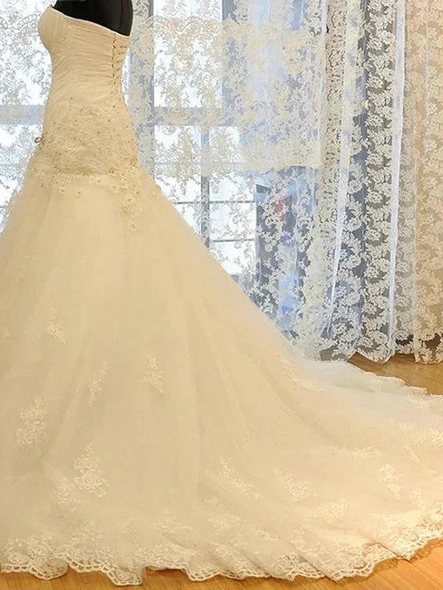 Long Mermaid Strapless Court Train Lace Organza Wedding Dresses - Image 3