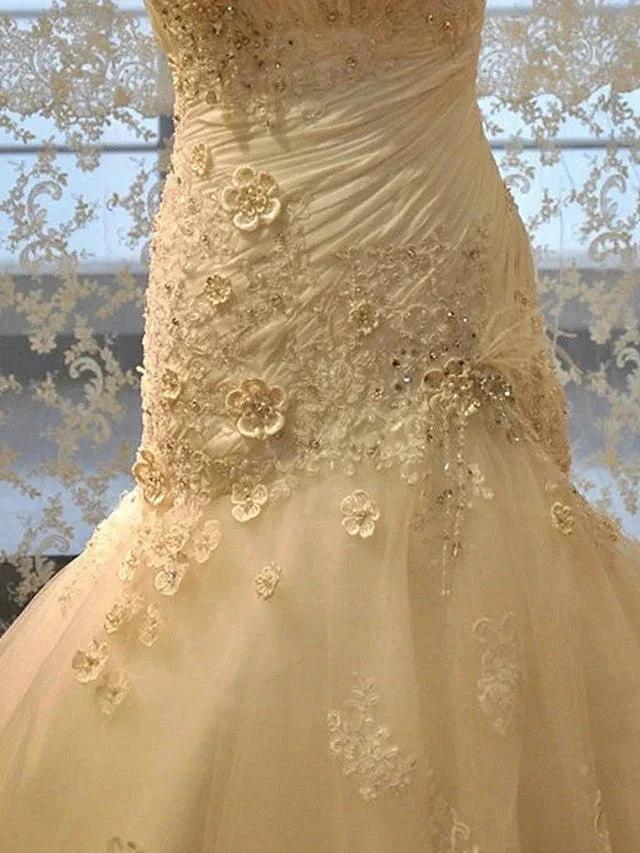 Long Mermaid Strapless Court Train Lace Organza Wedding Dresses - Image 4