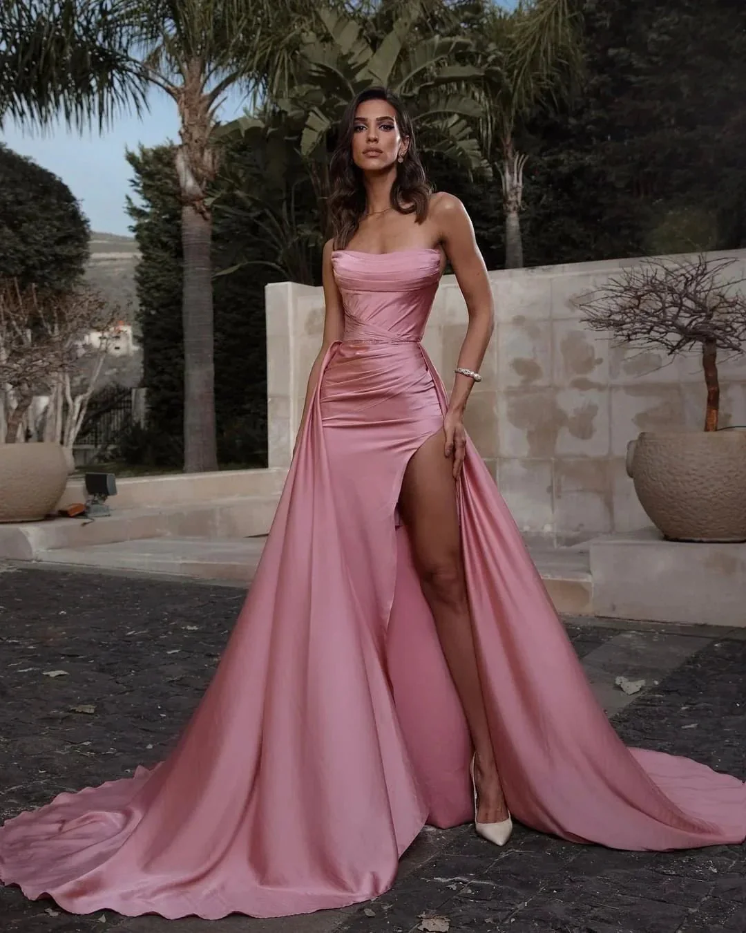 Long Mermaid Strapless Sleeveless Satin Prom Dress With Slit - Image 2