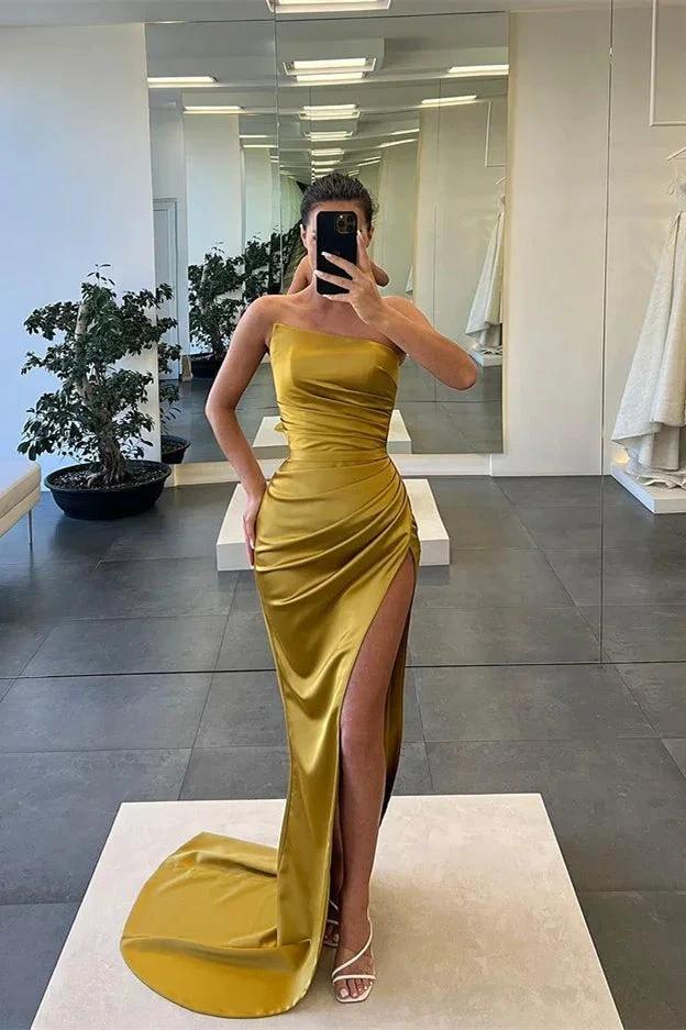 Long Mermaid Strapless Sleeveless Satin Prom Dress with Slit - Image 3