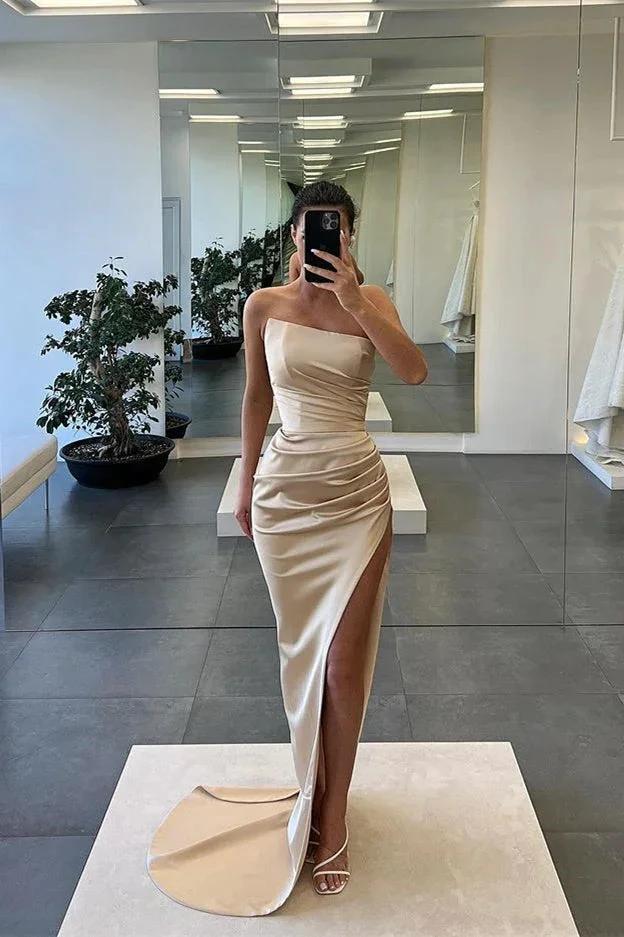 Long Mermaid Strapless Sleeveless Satin Prom Dress with Slit - Image 5