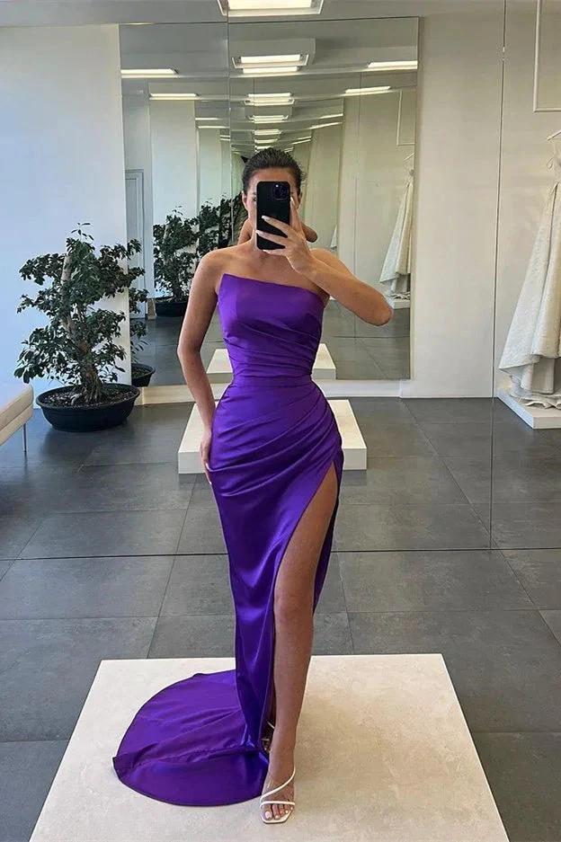 Long Mermaid Strapless Sleeveless Satin Prom Dress with Slit - Image 6