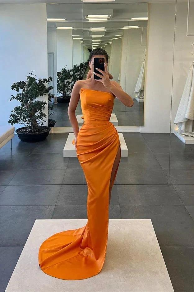 Long Mermaid Strapless Sleeveless Satin Prom Dress with Slit - Image 7