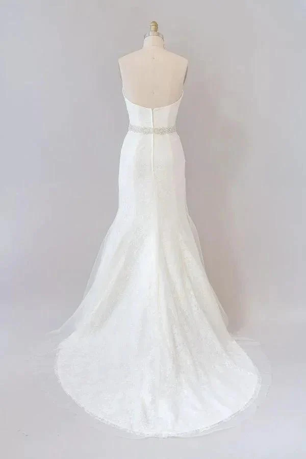 Long Mermaid Strapless Tulle Lace Wedding Dress - Image 2