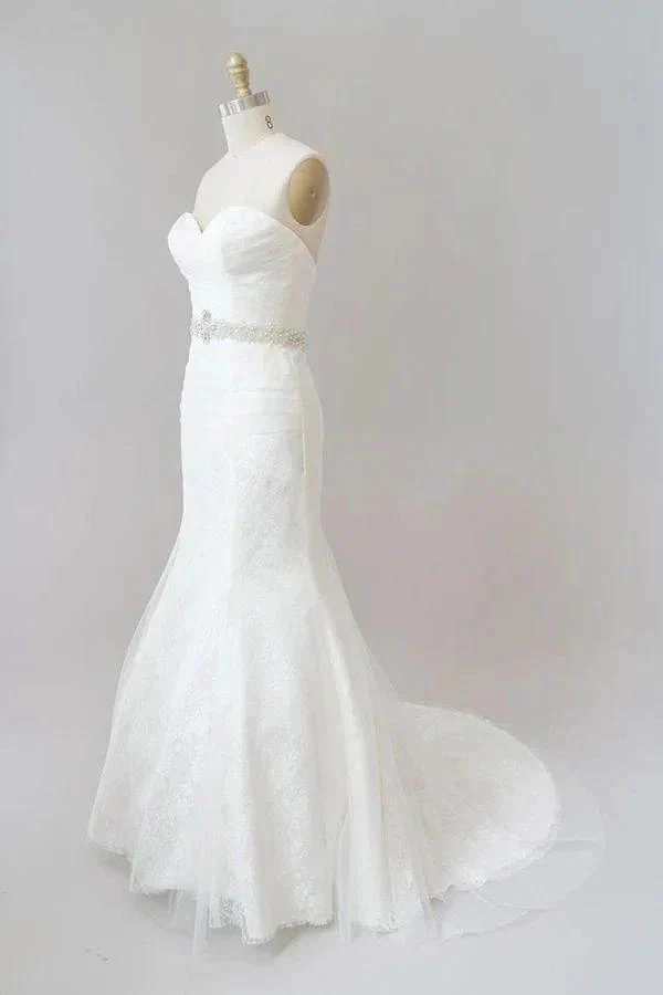 Long Mermaid Strapless Tulle Lace Wedding Dress - Image 3