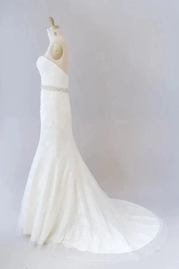 Long Mermaid Strapless Tulle Lace Wedding Dress - Image 4