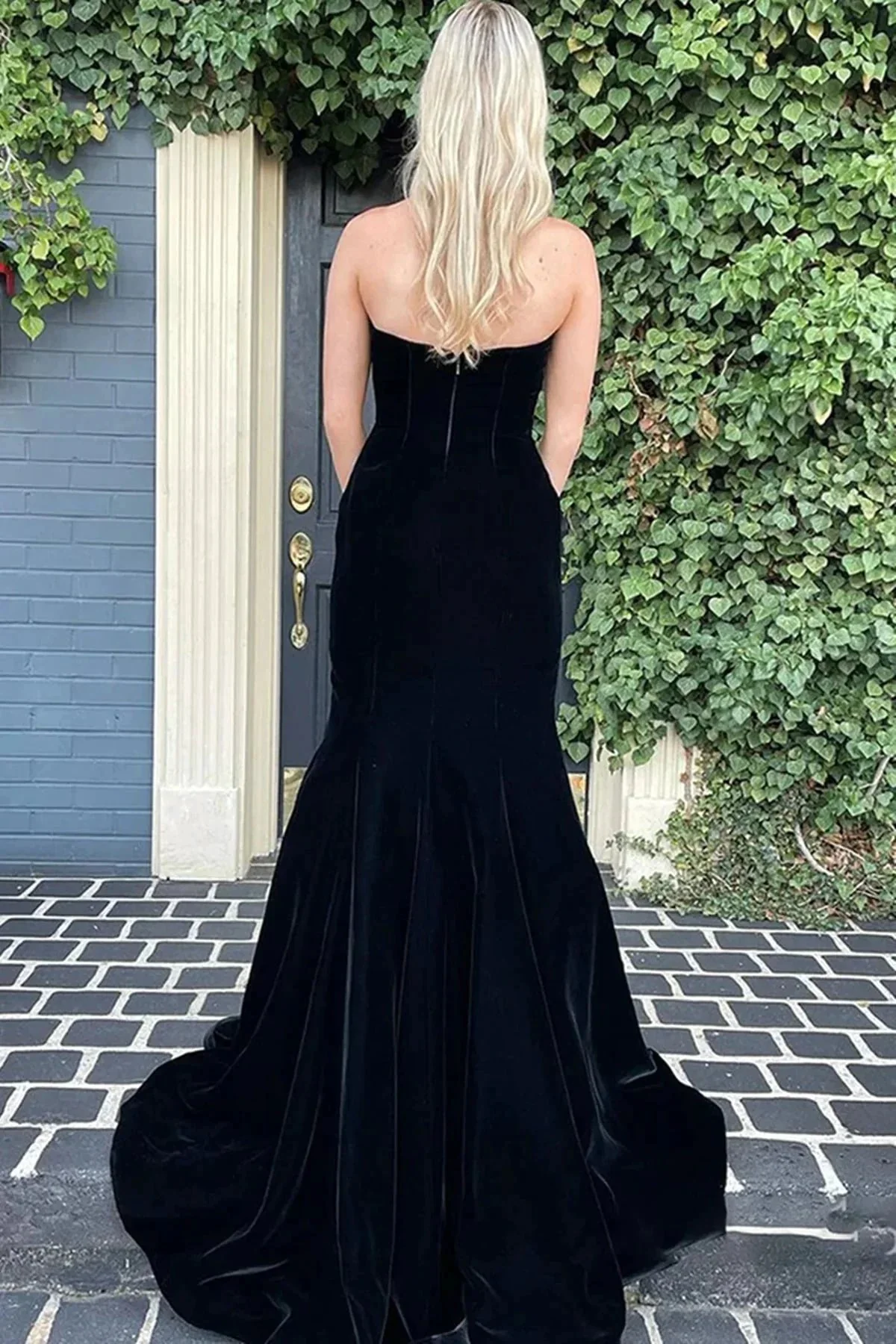Long Mermaid Strapless Velvet Prom Dress Black Formal Graduation Evening Dresses - Image 2